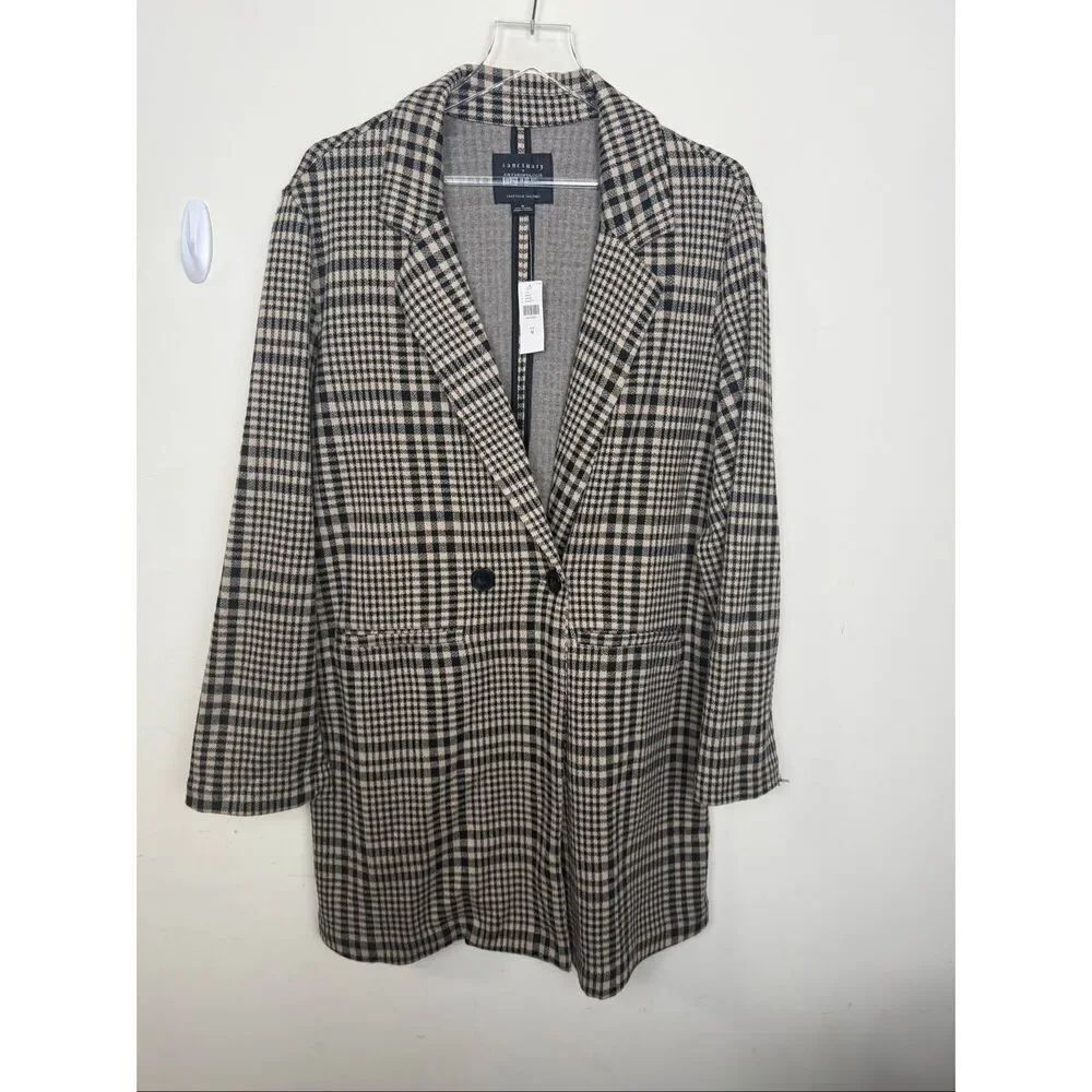Sanctuary Anthropologie NWT Plaid Blazer Coat Medium Black Tan Check Double Brea